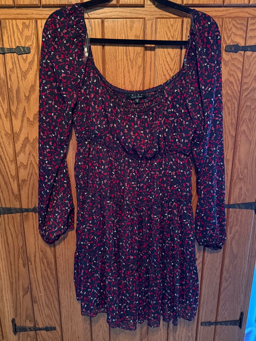 Trixxi Long Sleeve Floral Tiered Dress in Navy with Red Accents